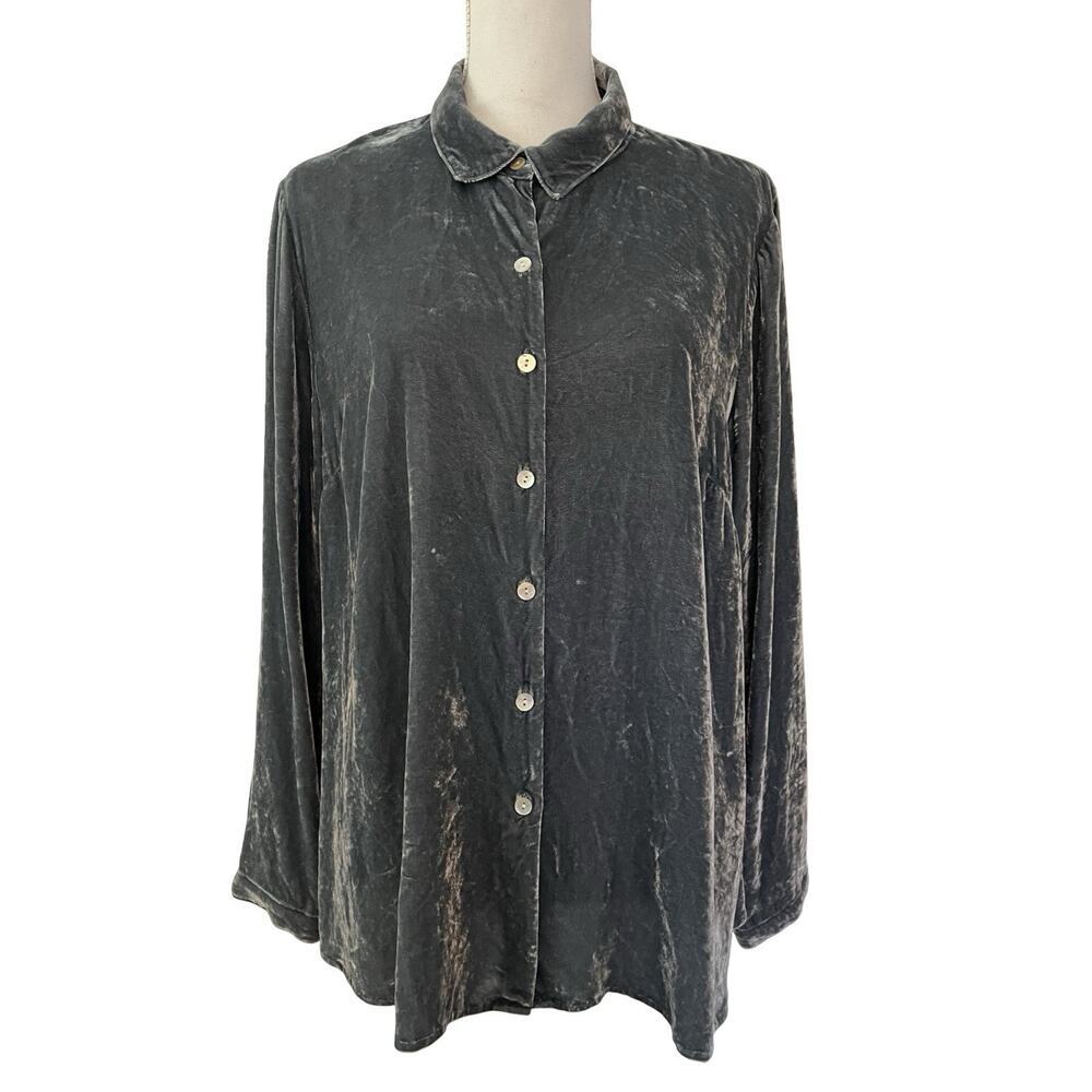 J Jill Womens Silk Blend Velvet Button Up Shirt Size LP Gray‎ Blue Fairy Whimsy